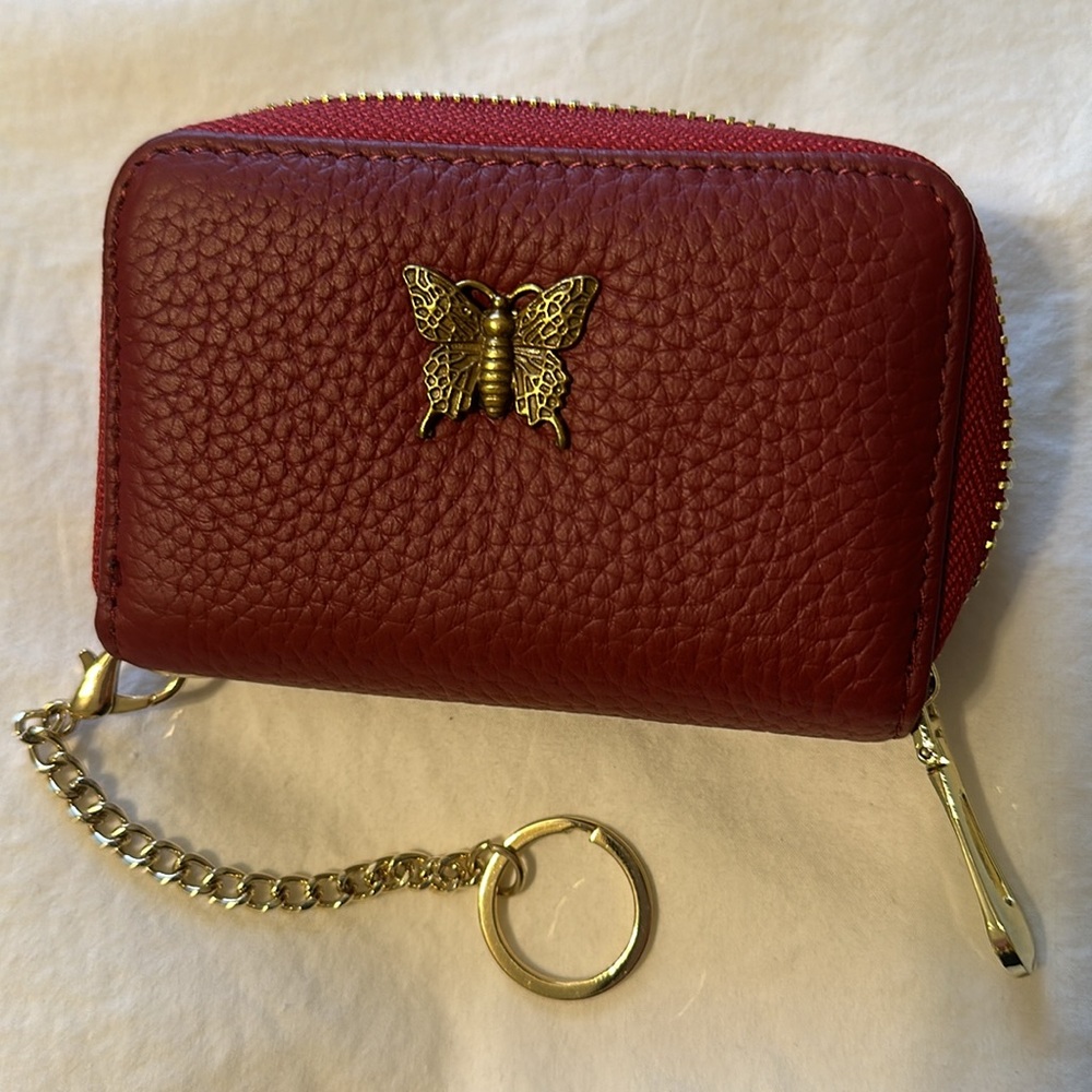 💖New List Imeetu burgundy wallet, card & coin holder, butterfly monogram &chain